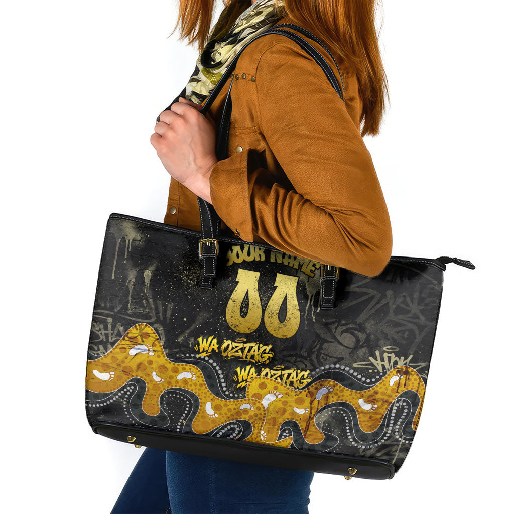 Personalised Western Australia Oztag Swan Leather Tote Bag Black Gold Graffiti Aboriginal Dot Pattern