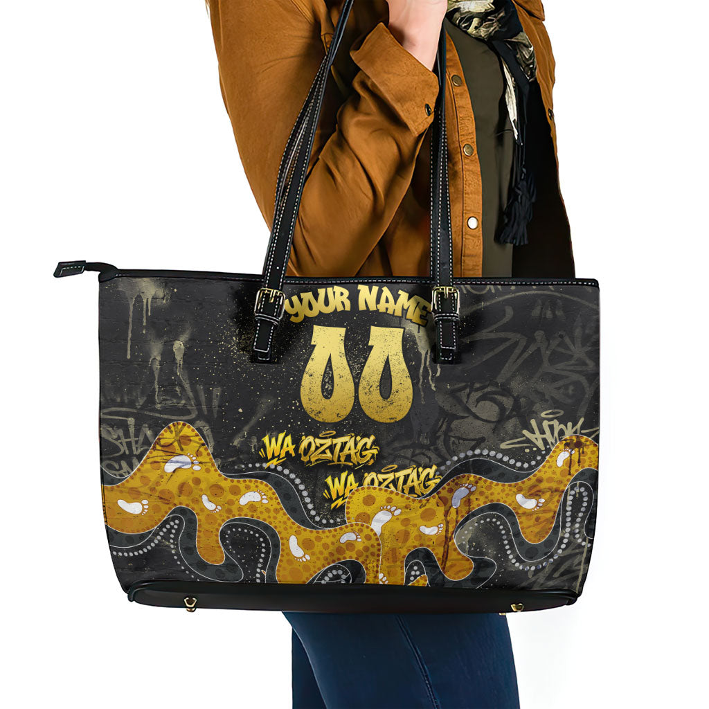 Personalised Western Australia Oztag Swan Leather Tote Bag Black Gold Graffiti Aboriginal Dot Pattern
