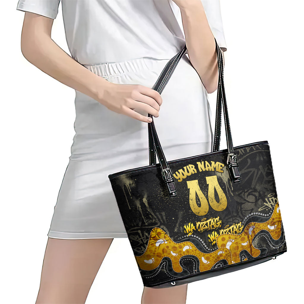 Personalised Western Australia Oztag Swan Leather Tote Bag Black Gold Graffiti Aboriginal Dot Pattern
