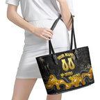 Personalised Western Australia Oztag Swan Leather Tote Bag Black Gold Graffiti Aboriginal Dot Pattern