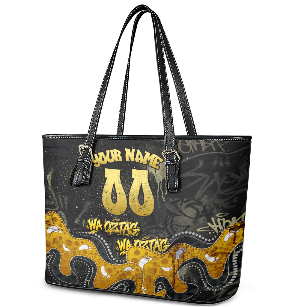 Personalised Western Australia Oztag Swan Leather Tote Bag Black Gold Graffiti Aboriginal Dot Pattern