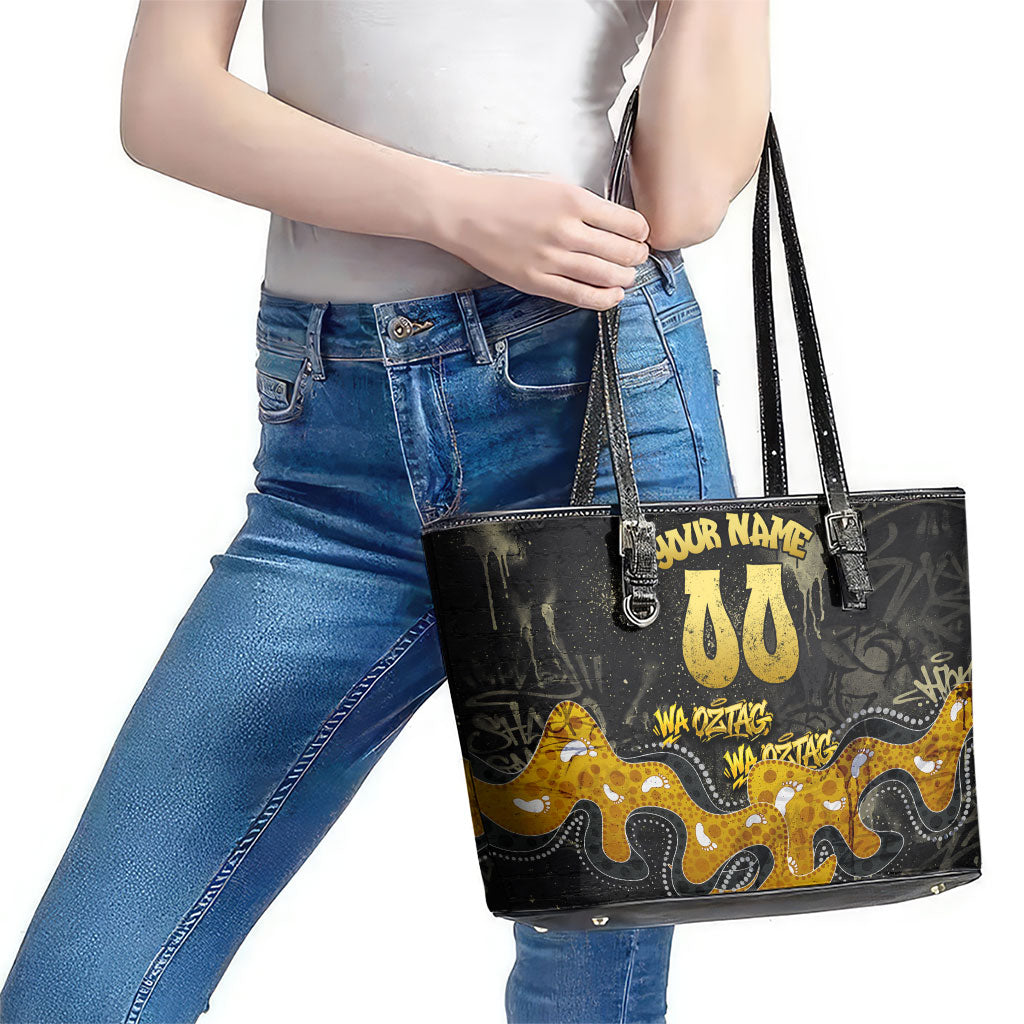 Personalised Western Australia Oztag Swan Leather Tote Bag Black Gold Graffiti Aboriginal Dot Pattern