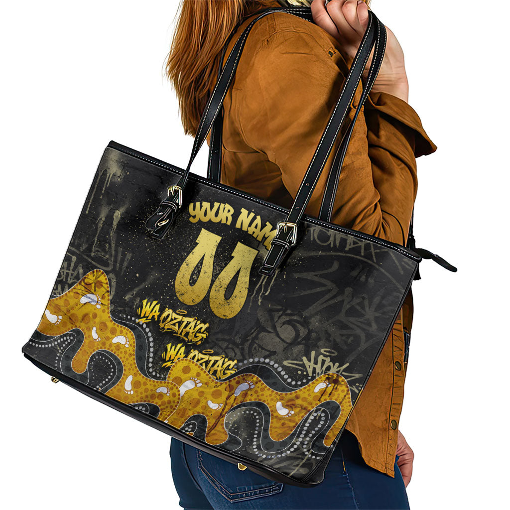 Personalised Western Australia Oztag Swan Leather Tote Bag Black Gold Graffiti Aboriginal Dot Pattern