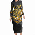 Personalised Western Australia Oztag Swan Long Sleeve Bodycon Dress Black Gold Graffiti Aboriginal Dot Pattern