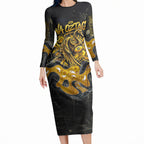 Personalised Western Australia Oztag Swan Long Sleeve Bodycon Dress Black Gold Graffiti Aboriginal Dot Pattern