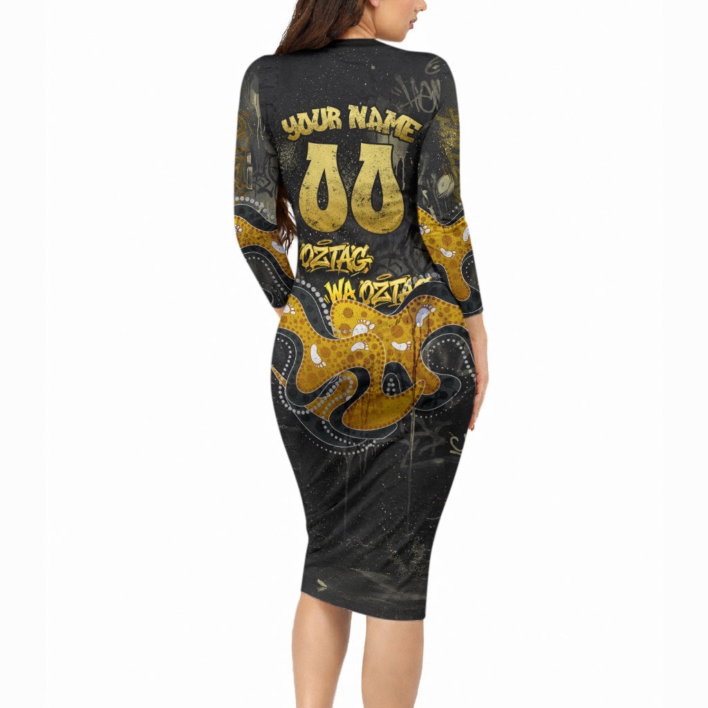 Personalised Western Australia Oztag Swan Long Sleeve Bodycon Dress Black Gold Graffiti Aboriginal Dot Pattern