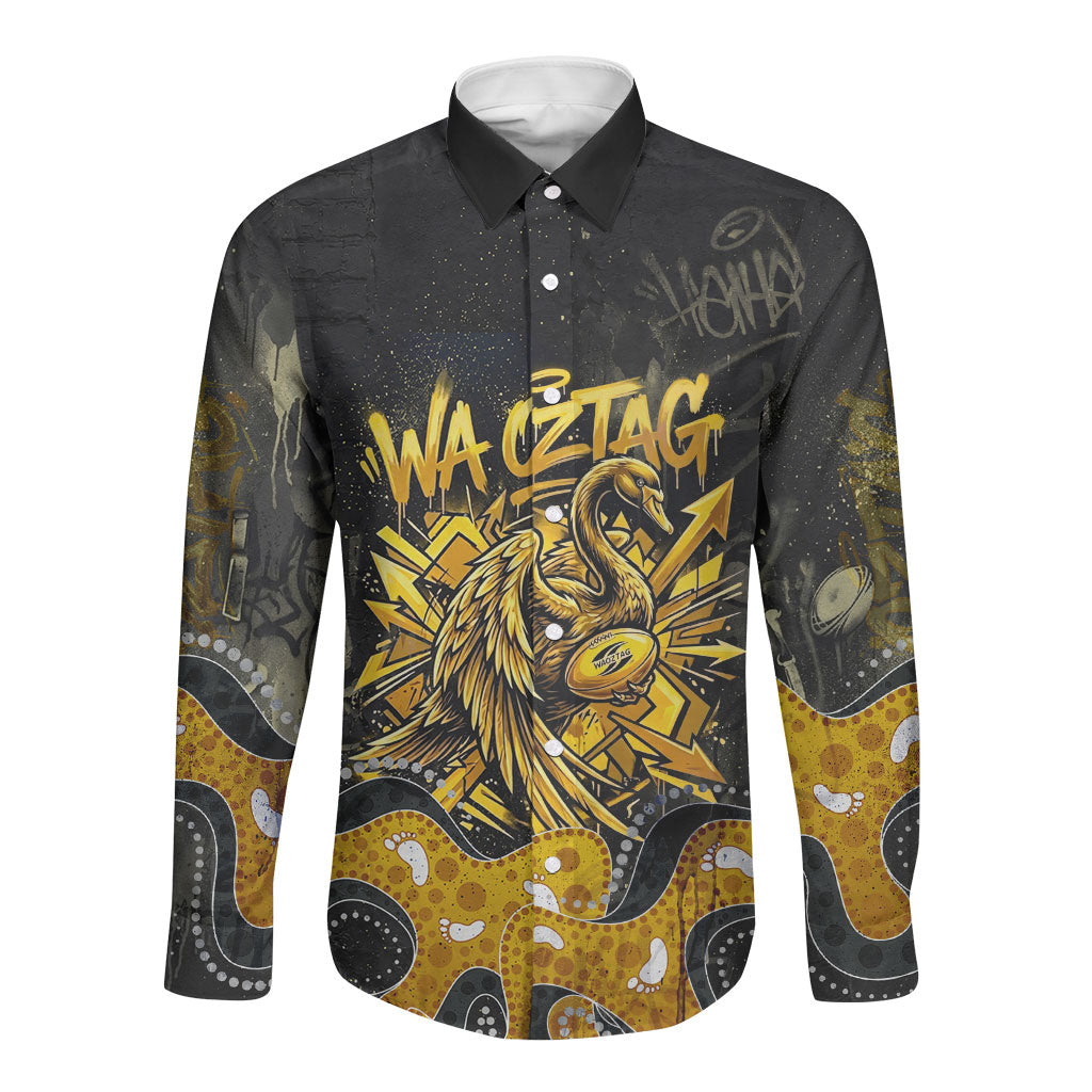 Personalised Western Australia Oztag Swan Long Sleeve Button Shirt Black Gold Graffiti Aboriginal Dot Pattern