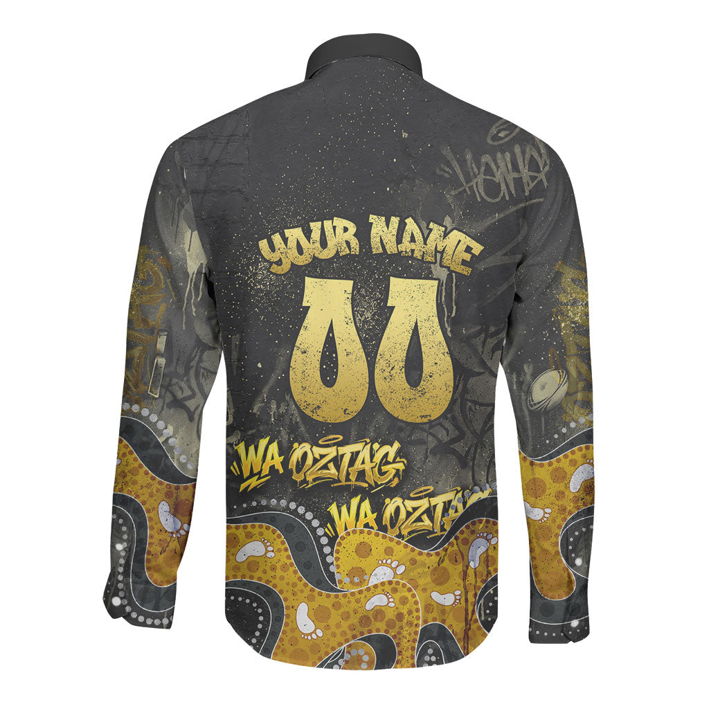 Personalised Western Australia Oztag Swan Long Sleeve Button Shirt Black Gold Graffiti Aboriginal Dot Pattern