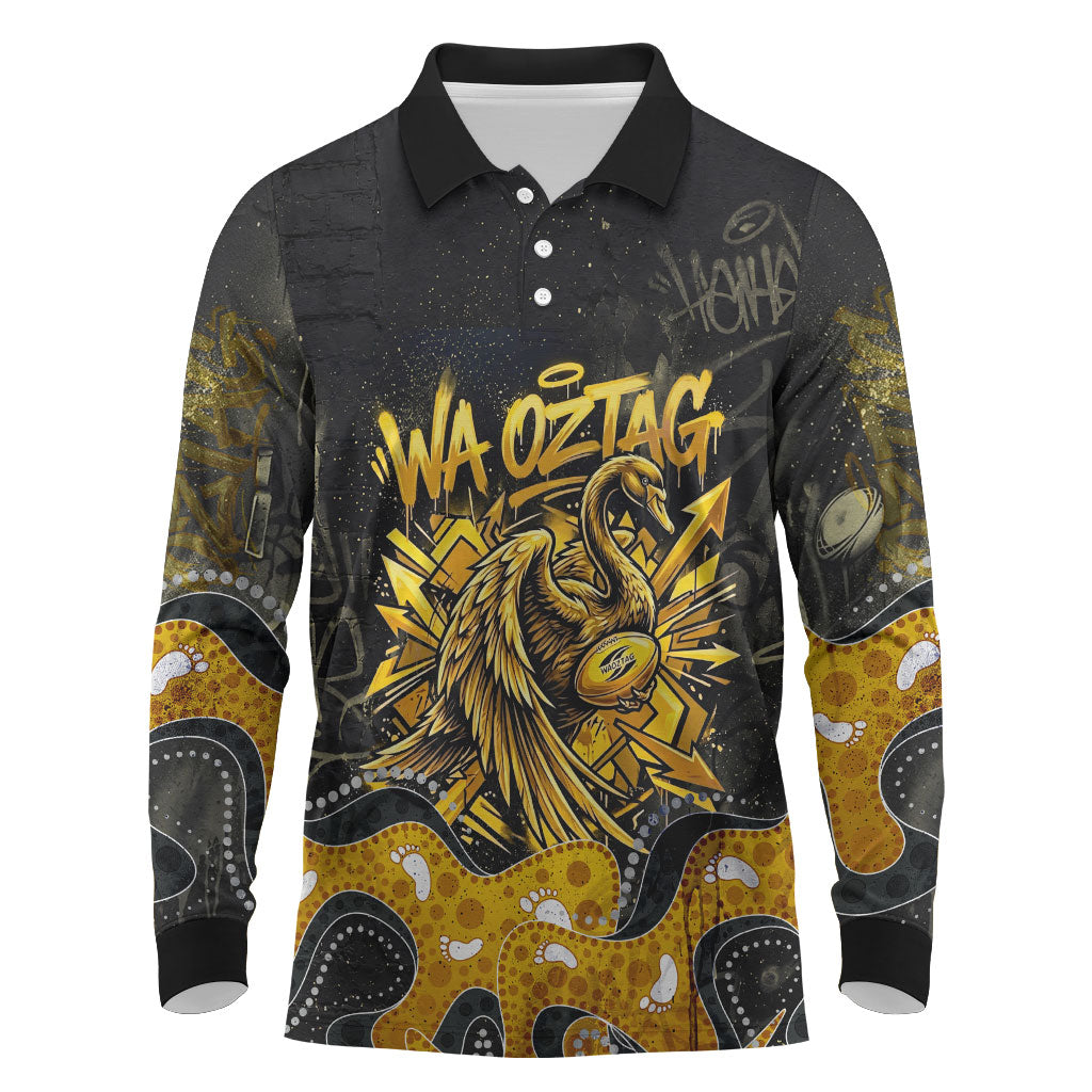 Personalised Western Australia Oztag Swan Long Sleeve Polo Shirt Black Gold Graffiti Aboriginal Dot Pattern