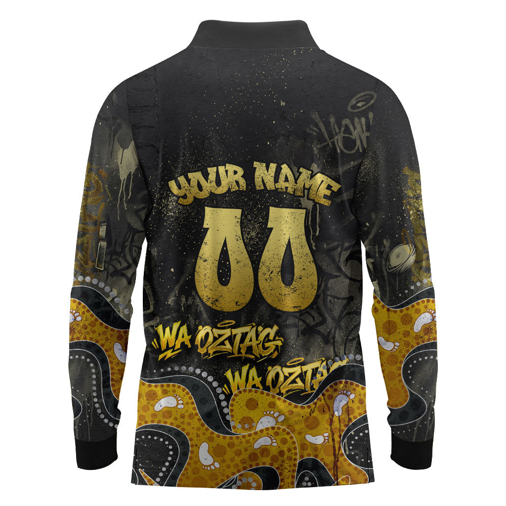 Personalised Western Australia Oztag Swan Long Sleeve Polo Shirt Black Gold Graffiti Aboriginal Dot Pattern