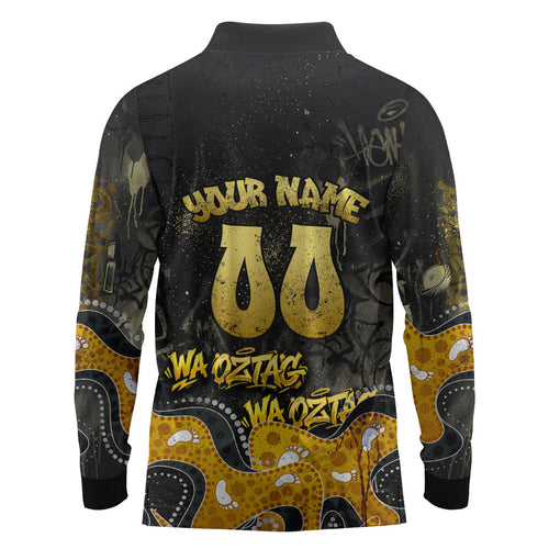 Personalised Western Australia Oztag Swan Long Sleeve Polo Shirt Black Gold Graffiti Aboriginal Dot Pattern