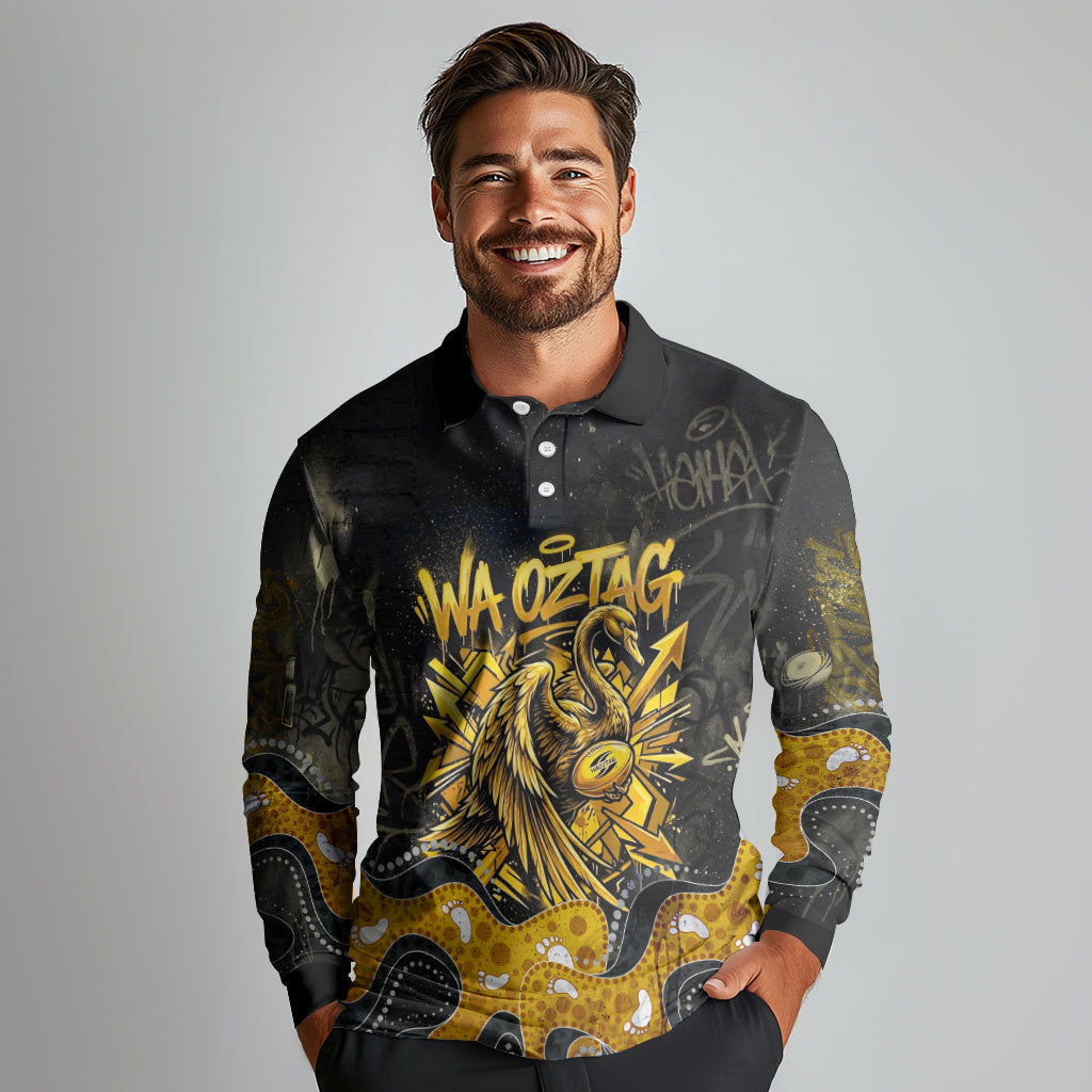 Personalised Western Australia Oztag Swan Long Sleeve Polo Shirt Black Gold Graffiti Aboriginal Dot Pattern
