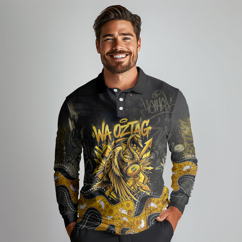 Personalised Western Australia Oztag Swan Long Sleeve Polo Shirt Black Gold Graffiti Aboriginal Dot Pattern