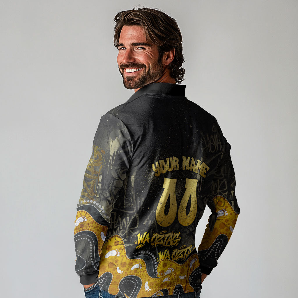 Personalised Western Australia Oztag Swan Long Sleeve Polo Shirt Black Gold Graffiti Aboriginal Dot Pattern