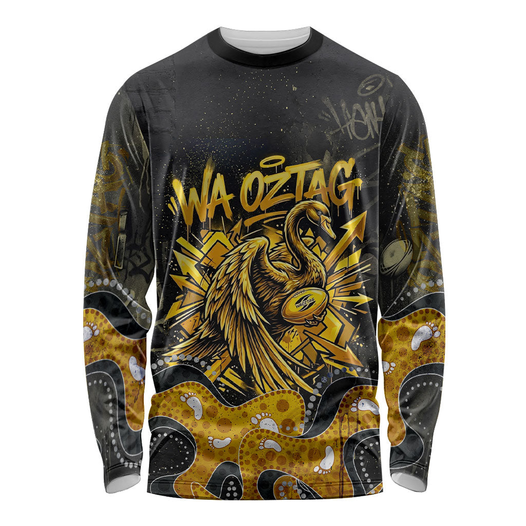 Personalised Western Australia Oztag Swan Long Sleeve Shirt Black Gold Graffiti Aboriginal Dot Pattern