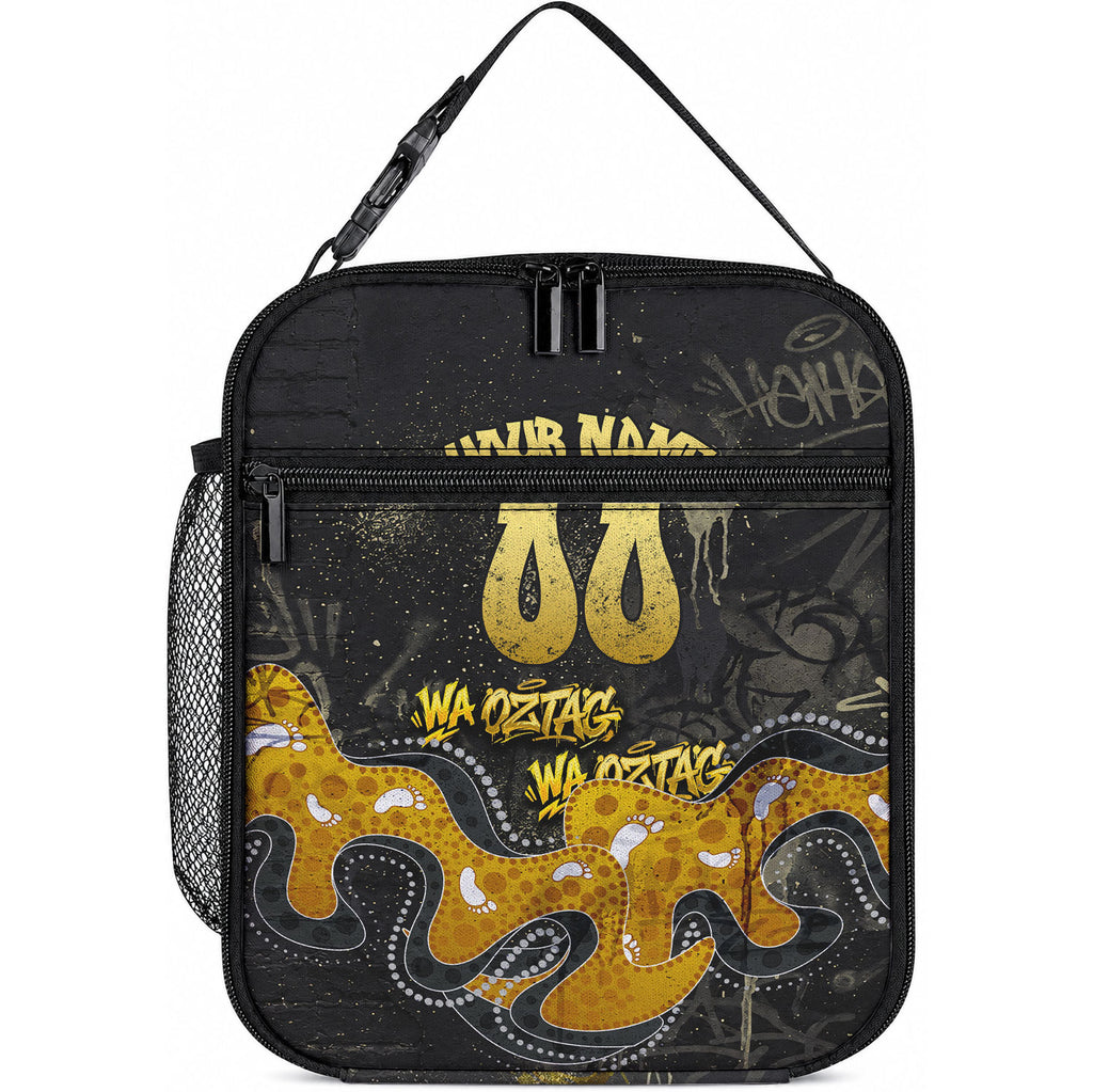 Personalised Western Australia Oztag Swan Lunch Bag Black Gold Graffiti Aboriginal Dot Pattern