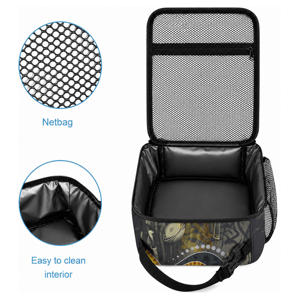 Personalised Western Australia Oztag Swan Lunch Bag Black Gold Graffiti Aboriginal Dot Pattern