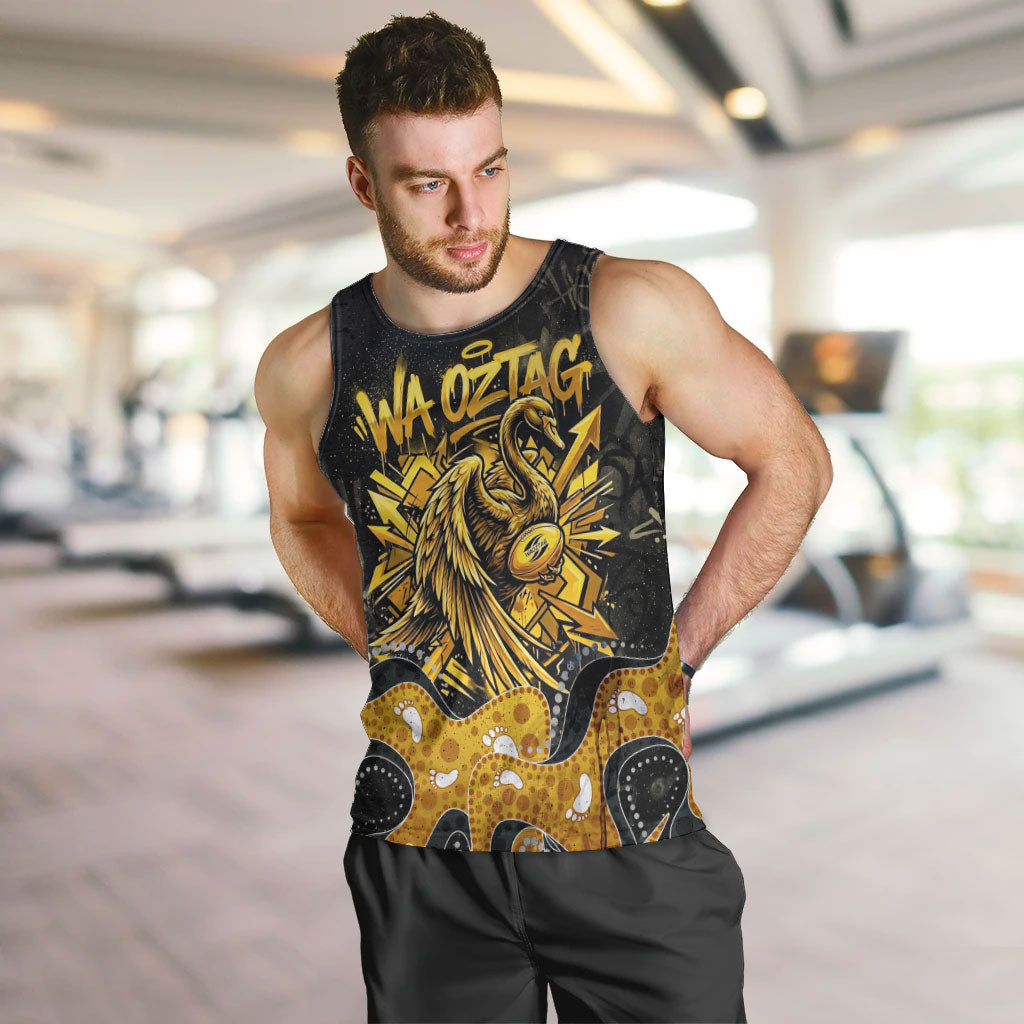 Personalised Western Australia Oztag Swan Men Tank Top Black Gold Graffiti Aboriginal Dot Pattern
