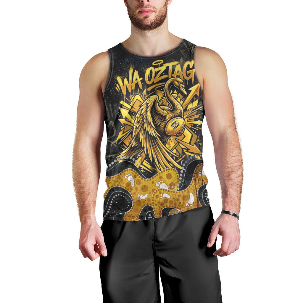 Personalised Western Australia Oztag Swan Men Tank Top Black Gold Graffiti Aboriginal Dot Pattern