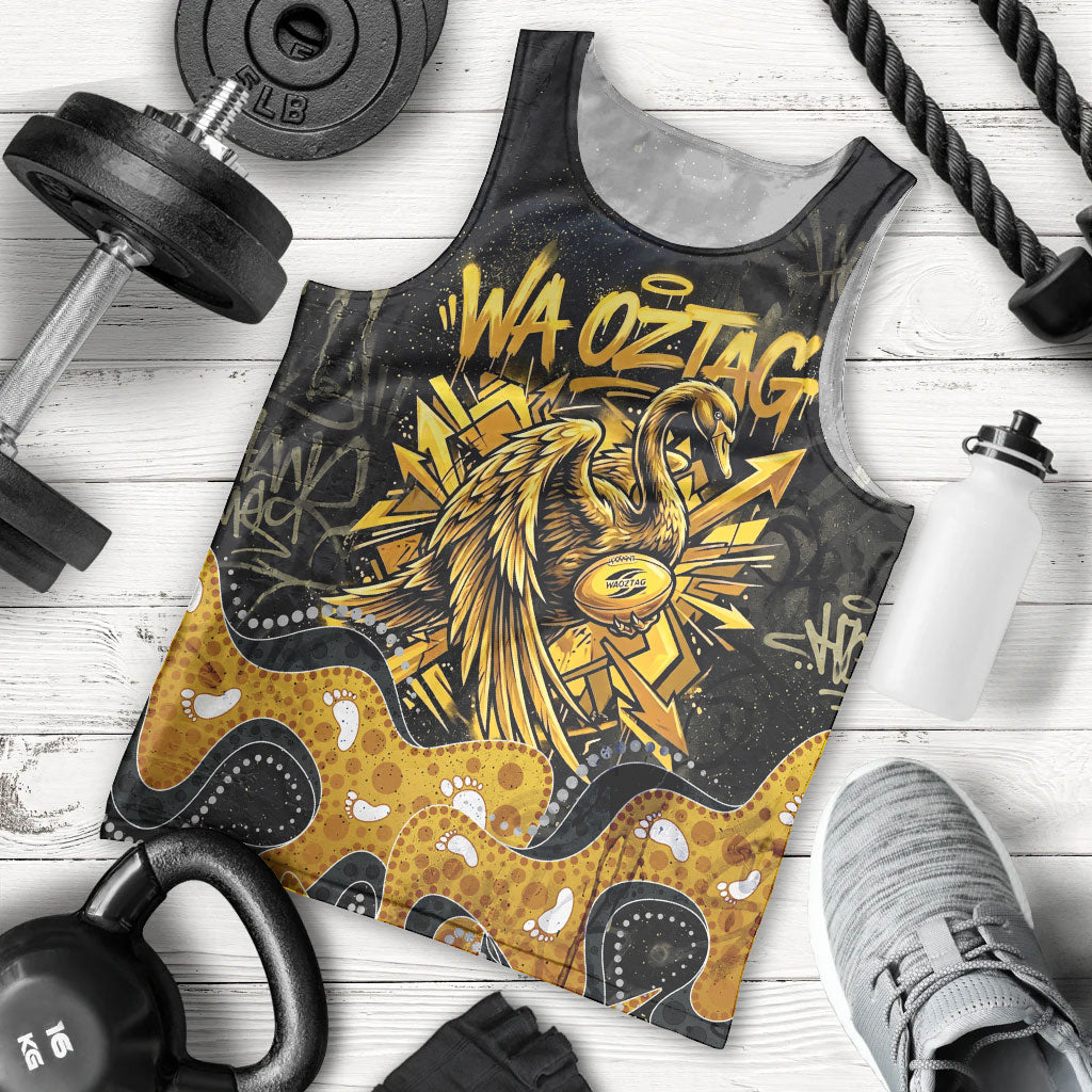 Personalised Western Australia Oztag Swan Men Tank Top Black Gold Graffiti Aboriginal Dot Pattern