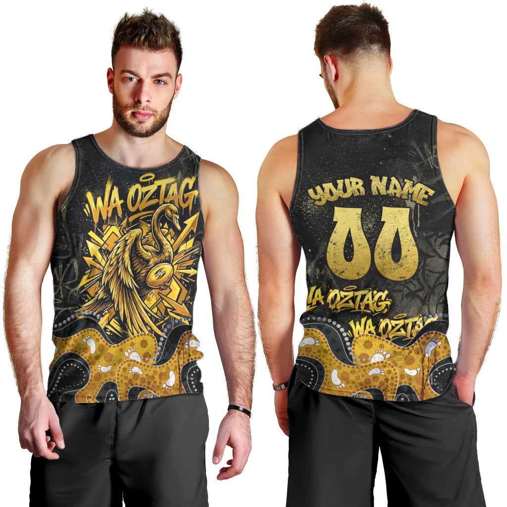 Personalised Western Australia Oztag Swan Men Tank Top Black Gold Graffiti Aboriginal Dot Pattern