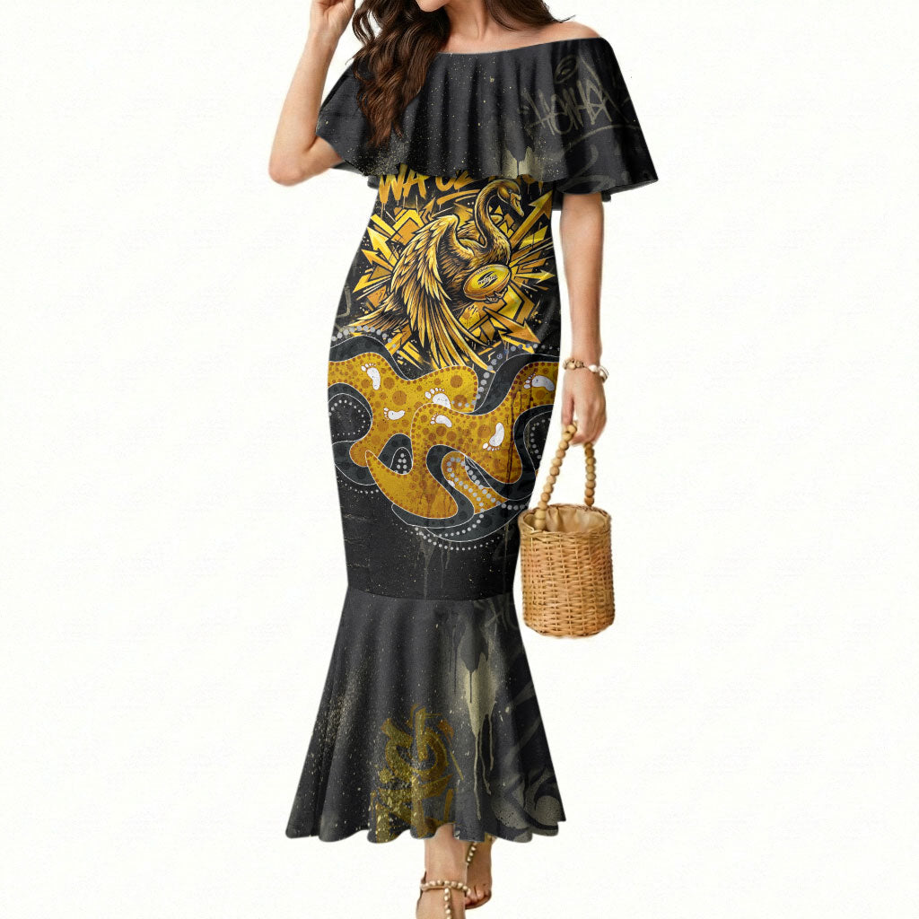 Personalised Western Australia Oztag Swan Mermaid Dress Black Gold Graffiti Aboriginal Dot Pattern