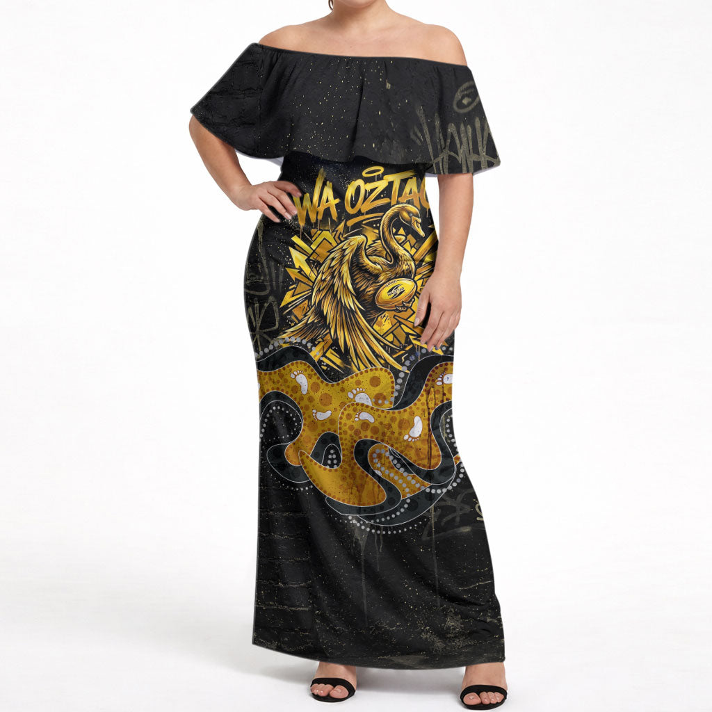 Personalised Western Australia Oztag Swan Off Shoulder Maxi Dress Black Gold Graffiti Aboriginal Dot Pattern