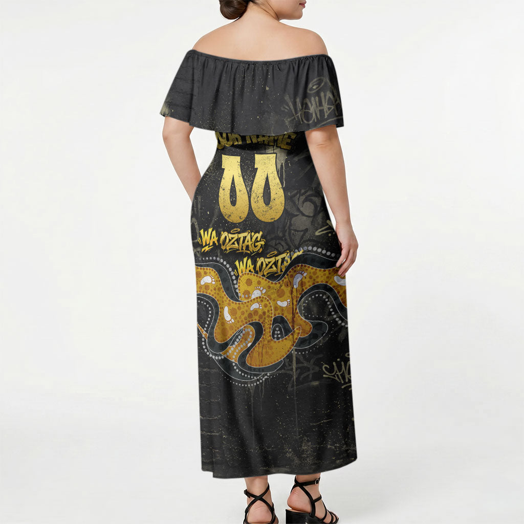 Personalised Western Australia Oztag Swan Off Shoulder Maxi Dress Black Gold Graffiti Aboriginal Dot Pattern