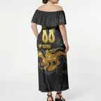 Personalised Western Australia Oztag Swan Off Shoulder Maxi Dress Black Gold Graffiti Aboriginal Dot Pattern