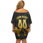Personalised Western Australia Oztag Swan Off Shoulder Short Dress Black Gold Graffiti Aboriginal Dot Pattern