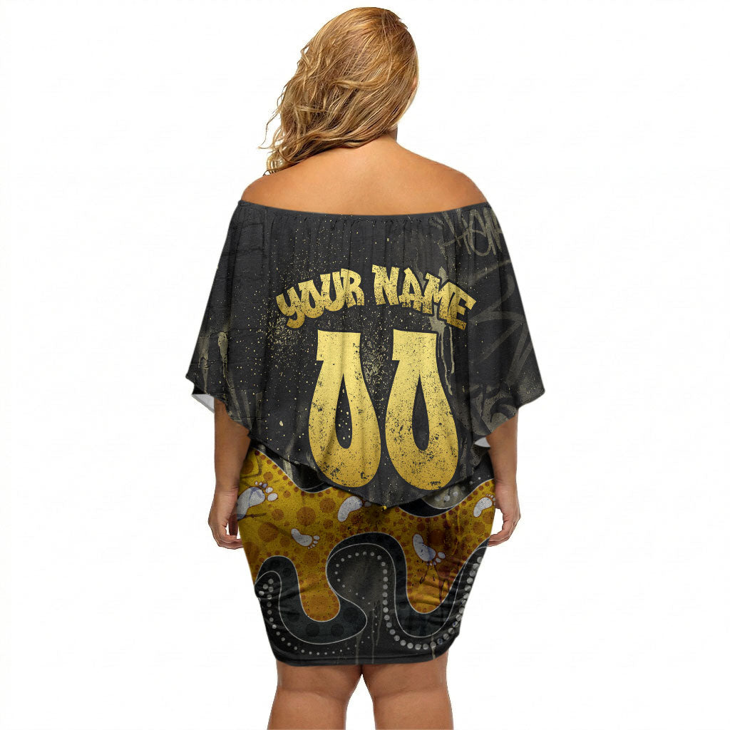 Personalised Western Australia Oztag Swan Off Shoulder Short Dress Black Gold Graffiti Aboriginal Dot Pattern