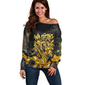 Personalised Western Australia Oztag Swan Off Shoulder Sweater Black Gold Graffiti Aboriginal Dot Pattern