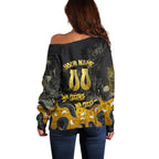 Personalised Western Australia Oztag Swan Off Shoulder Sweater Black Gold Graffiti Aboriginal Dot Pattern