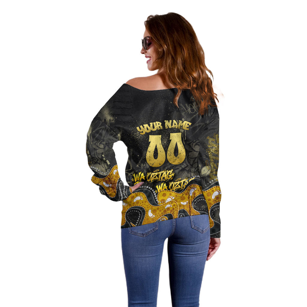 Personalised Western Australia Oztag Swan Off Shoulder Sweater Black Gold Graffiti Aboriginal Dot Pattern