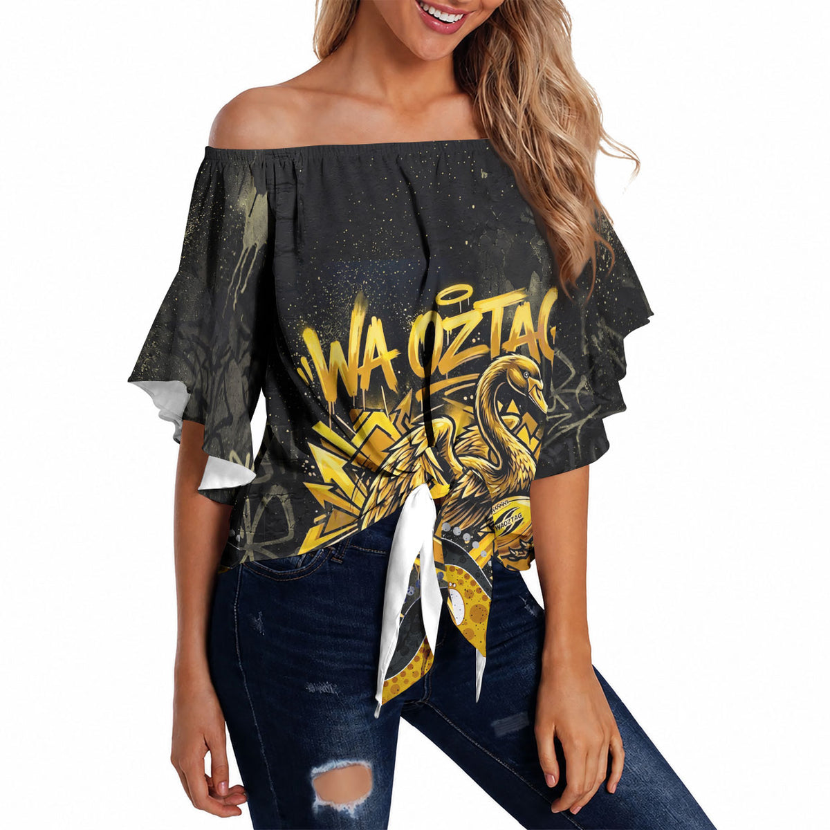 Personalised Western Australia Oztag Swan Off Shoulder Wrap Waist Top Black Gold Graffiti Aboriginal Dot Pattern