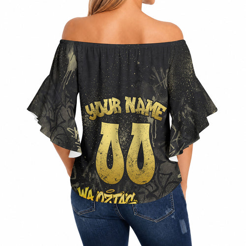 Personalised Western Australia Oztag Swan Off Shoulder Wrap Waist Top Black Gold Graffiti Aboriginal Dot Pattern