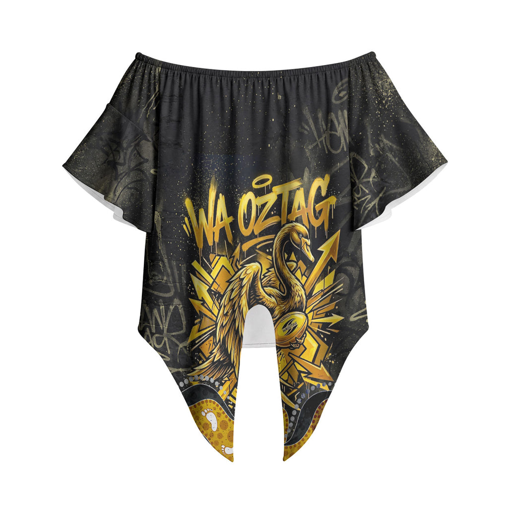 Personalised Western Australia Oztag Swan Off Shoulder Wrap Waist Top Black Gold Graffiti Aboriginal Dot Pattern