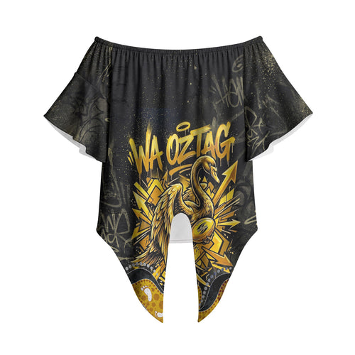 Personalised Western Australia Oztag Swan Off Shoulder Wrap Waist Top Black Gold Graffiti Aboriginal Dot Pattern