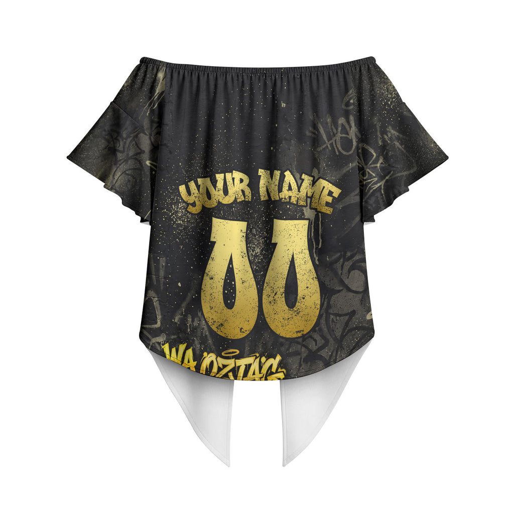 Personalised Western Australia Oztag Swan Off Shoulder Wrap Waist Top Black Gold Graffiti Aboriginal Dot Pattern