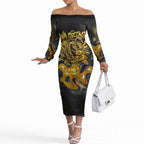 Personalised Western Australia Oztag Swan Off The Shoulder Long Sleeve Dress Black Gold Graffiti Aboriginal Dot Pattern