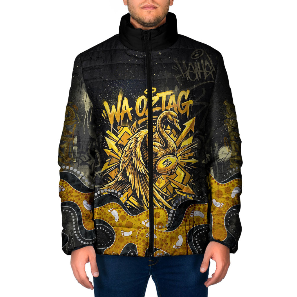 Personalised Western Australia Oztag Swan Padded Jacket Black Gold Graffiti Aboriginal Dot Pattern