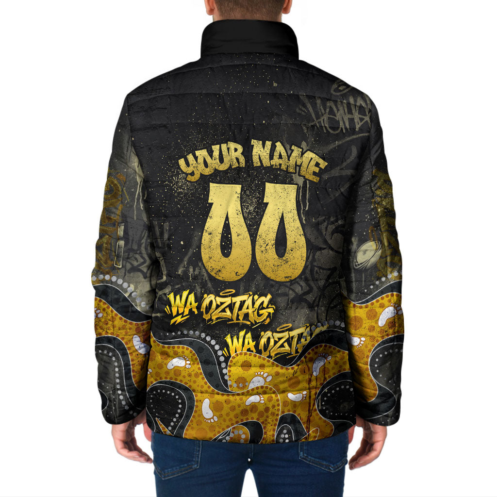 Personalised Western Australia Oztag Swan Padded Jacket Black Gold Graffiti Aboriginal Dot Pattern