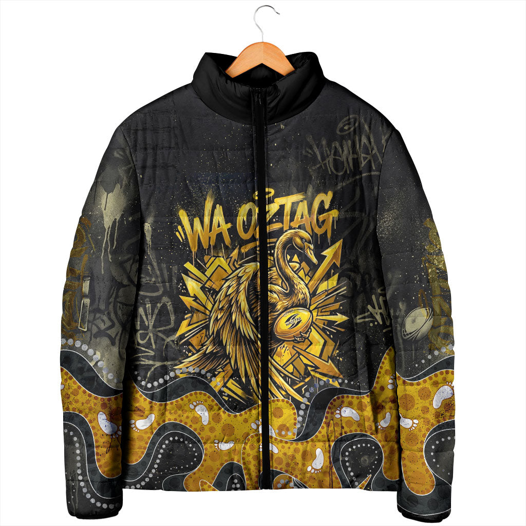 Personalised Western Australia Oztag Swan Padded Jacket Black Gold Graffiti Aboriginal Dot Pattern