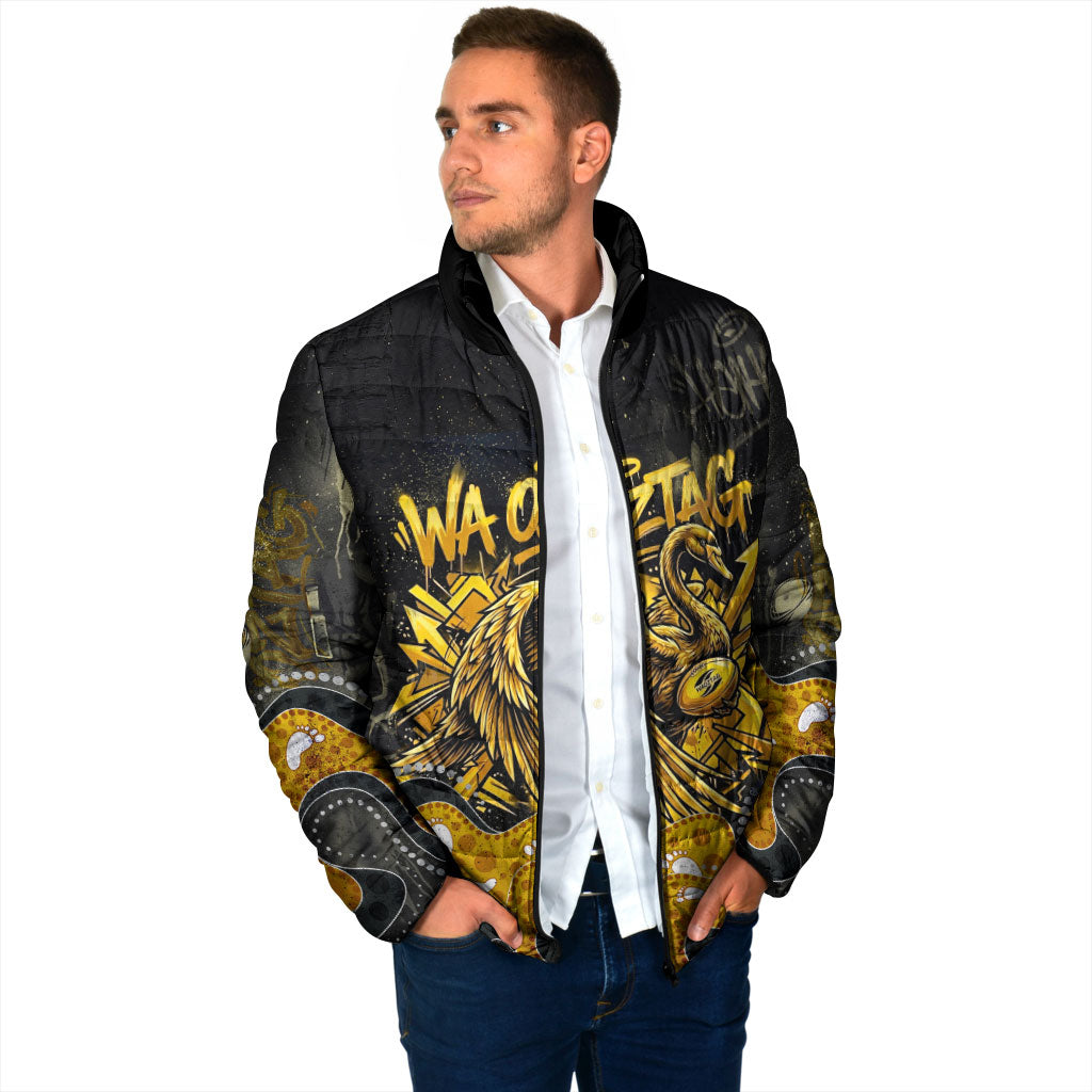 Personalised Western Australia Oztag Swan Padded Jacket Black Gold Graffiti Aboriginal Dot Pattern