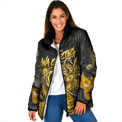 Personalised Western Australia Oztag Swan Padded Jacket Black Gold Graffiti Aboriginal Dot Pattern