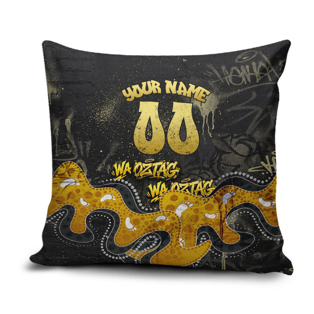 Personalised Western Australia Oztag Swan Pillow Cover Black Gold Graffiti Aboriginal Dot Pattern