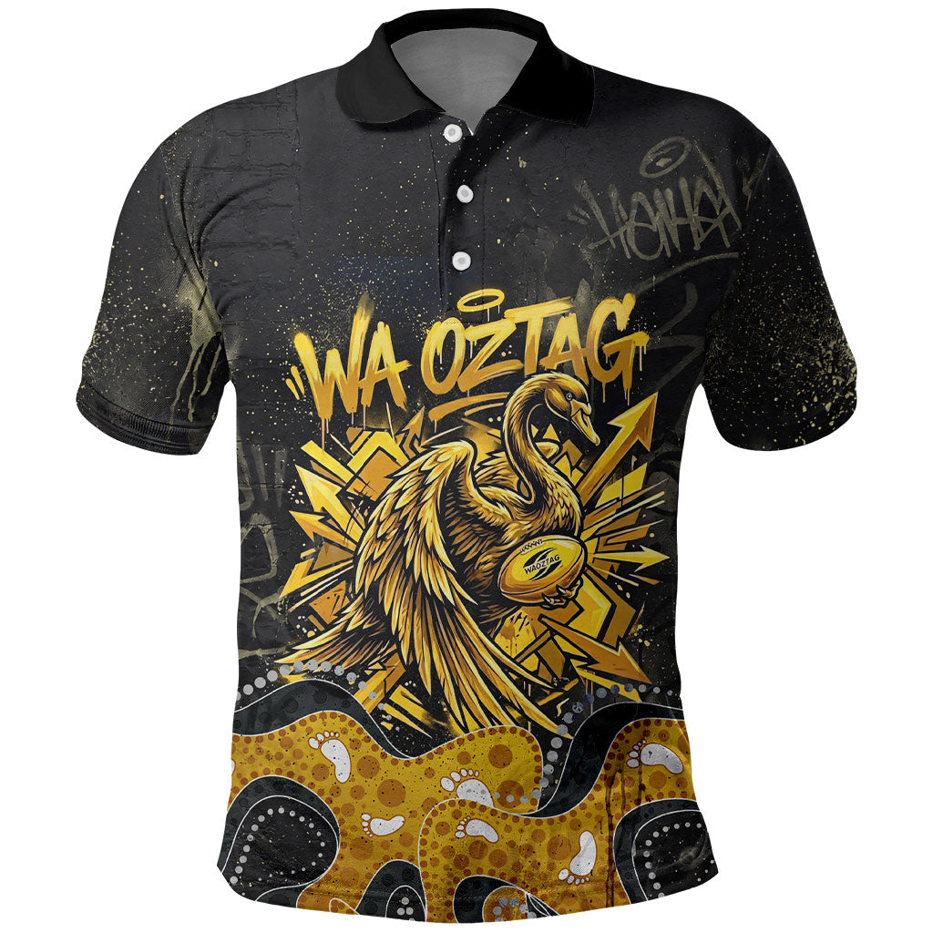Personalised Western Australia Oztag Swan Polo Shirt Black Gold Graffiti Aboriginal Dot Pattern