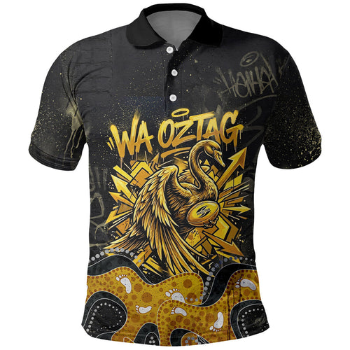 Personalised Western Australia Oztag Swan Polo Shirt Black Gold Graffiti Aboriginal Dot Pattern