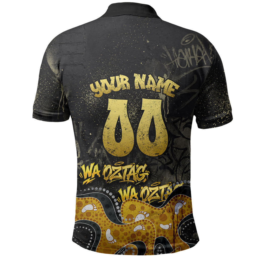 Personalised Western Australia Oztag Swan Polo Shirt Black Gold Graffiti Aboriginal Dot Pattern
