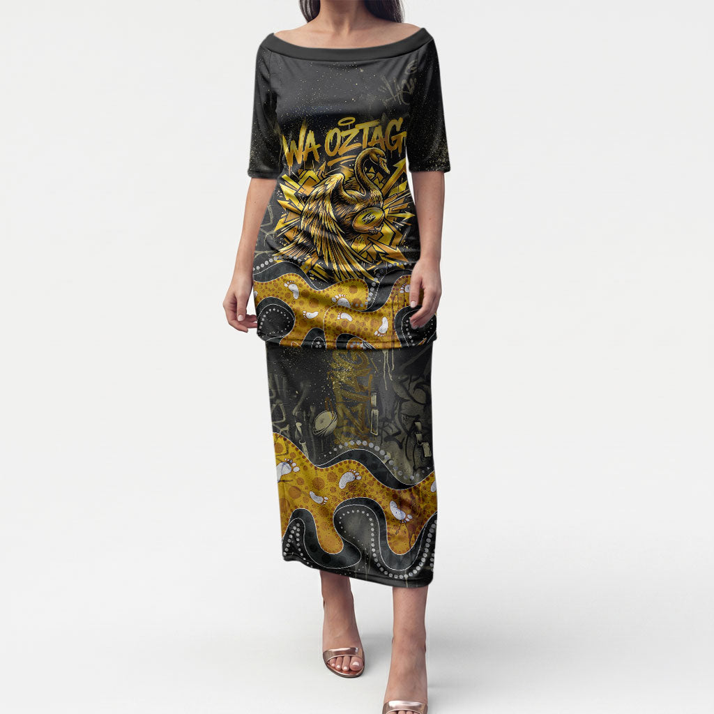 Personalised Western Australia Oztag Swan Puletasi Black Gold Graffiti Aboriginal Dot Pattern